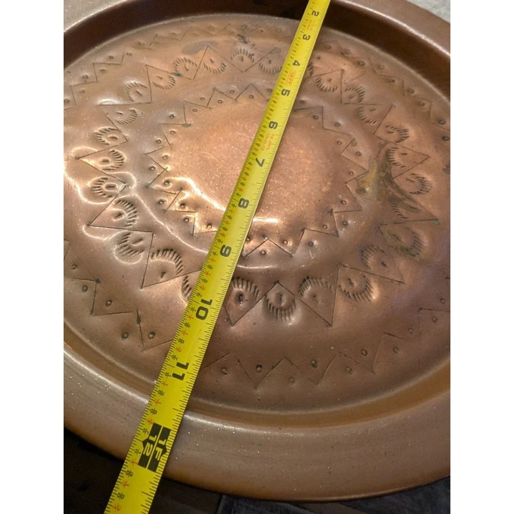 Vintage Hand Hammered Solid Copper Charger Geometric Design 12
